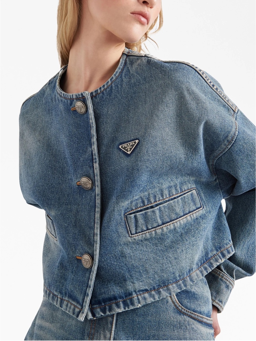 Prada Cropped Collarless Denim Jacket in Sky Blue (IT 38)